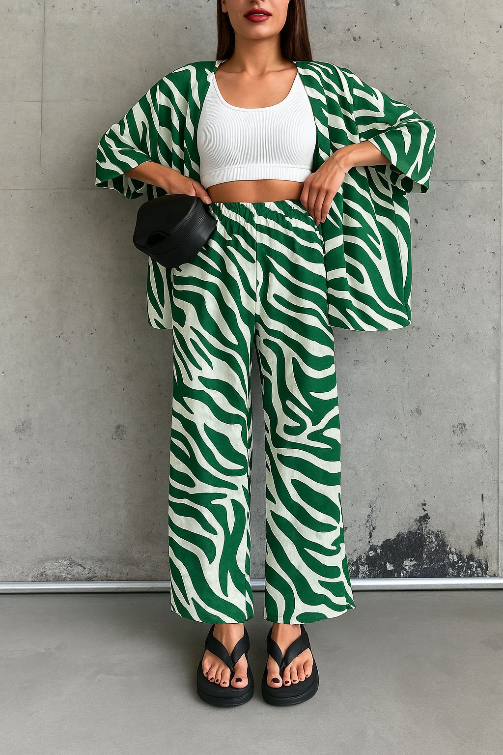 Green and white zebra print co-ord set with cropped tank top and wide-leg pants