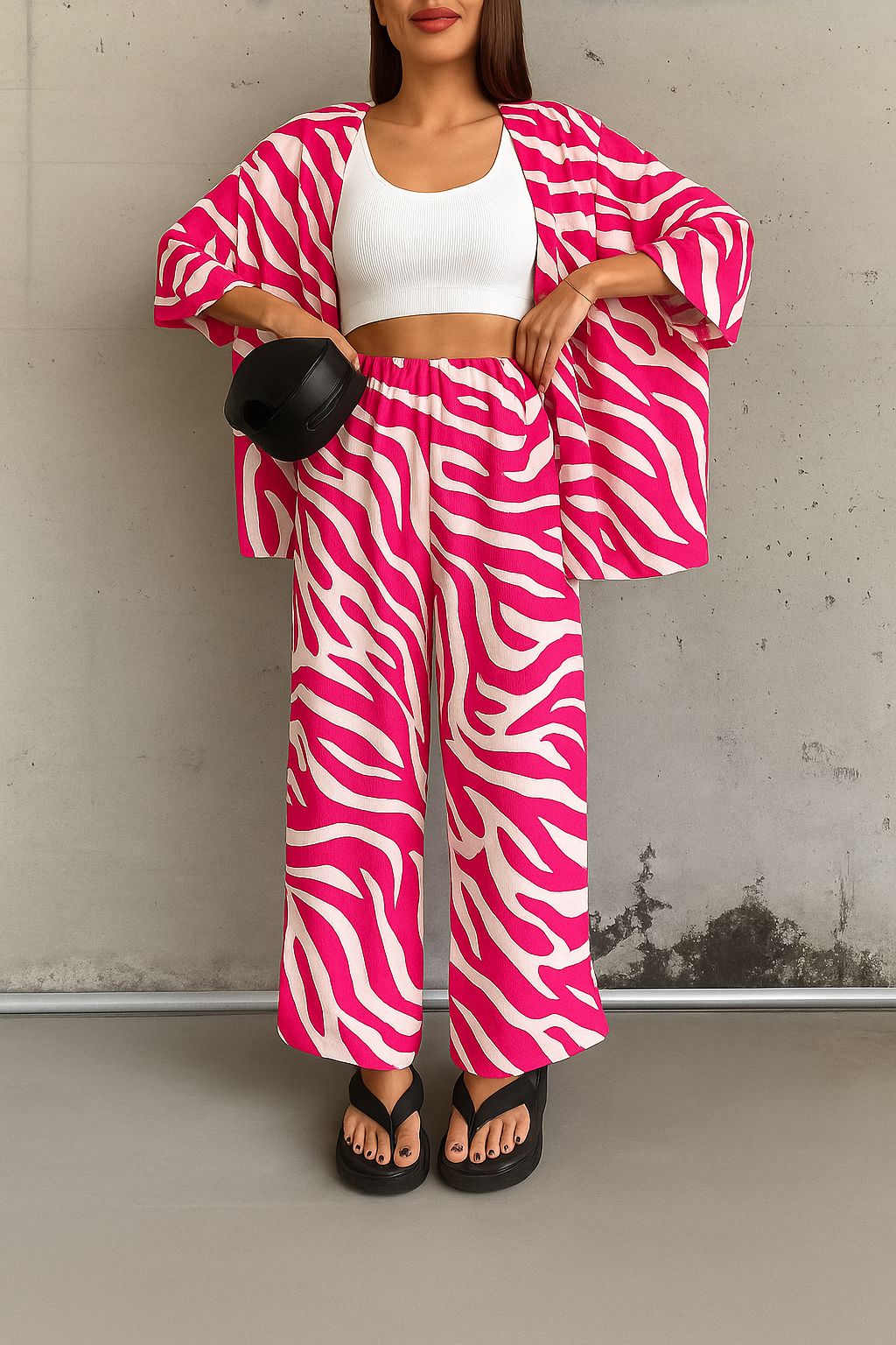 Pink and white zebra print co-ord set with cropped tank top and wide-leg pants