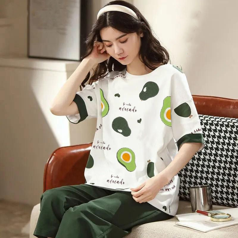 White avocado-print pajama set with green-trim short-sleeve top and matching pants