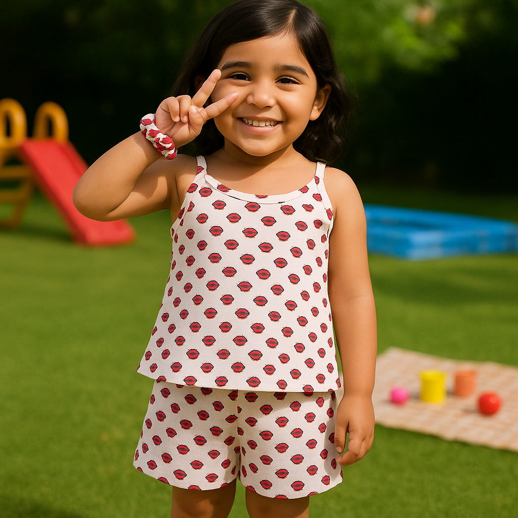 Kids short set with sleeveless top and matching shorts, red lip print on light fabric