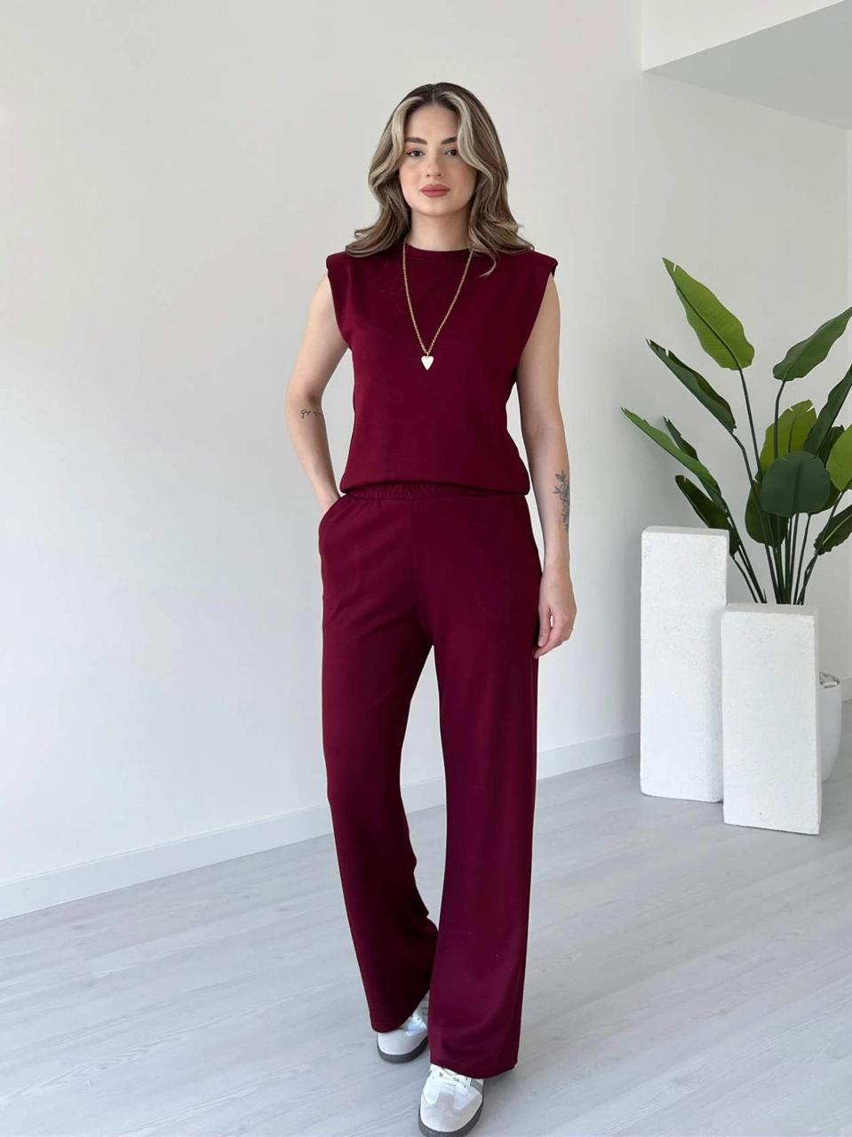 Burgundy sleeveless co-ord set with crew neck top and wide-leg trousers
