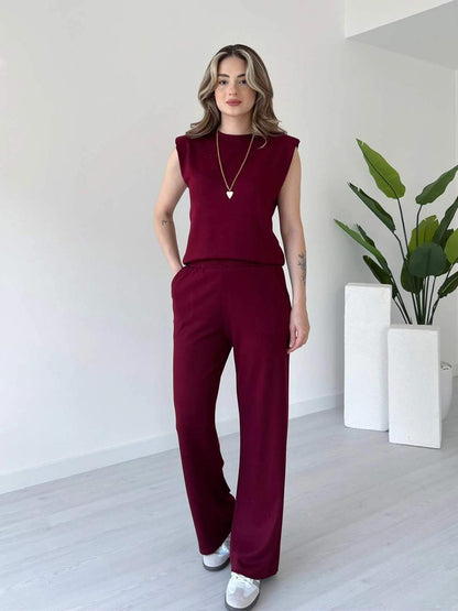 Burgundy sleeveless co-ord set with crew neck top and wide-leg trousers