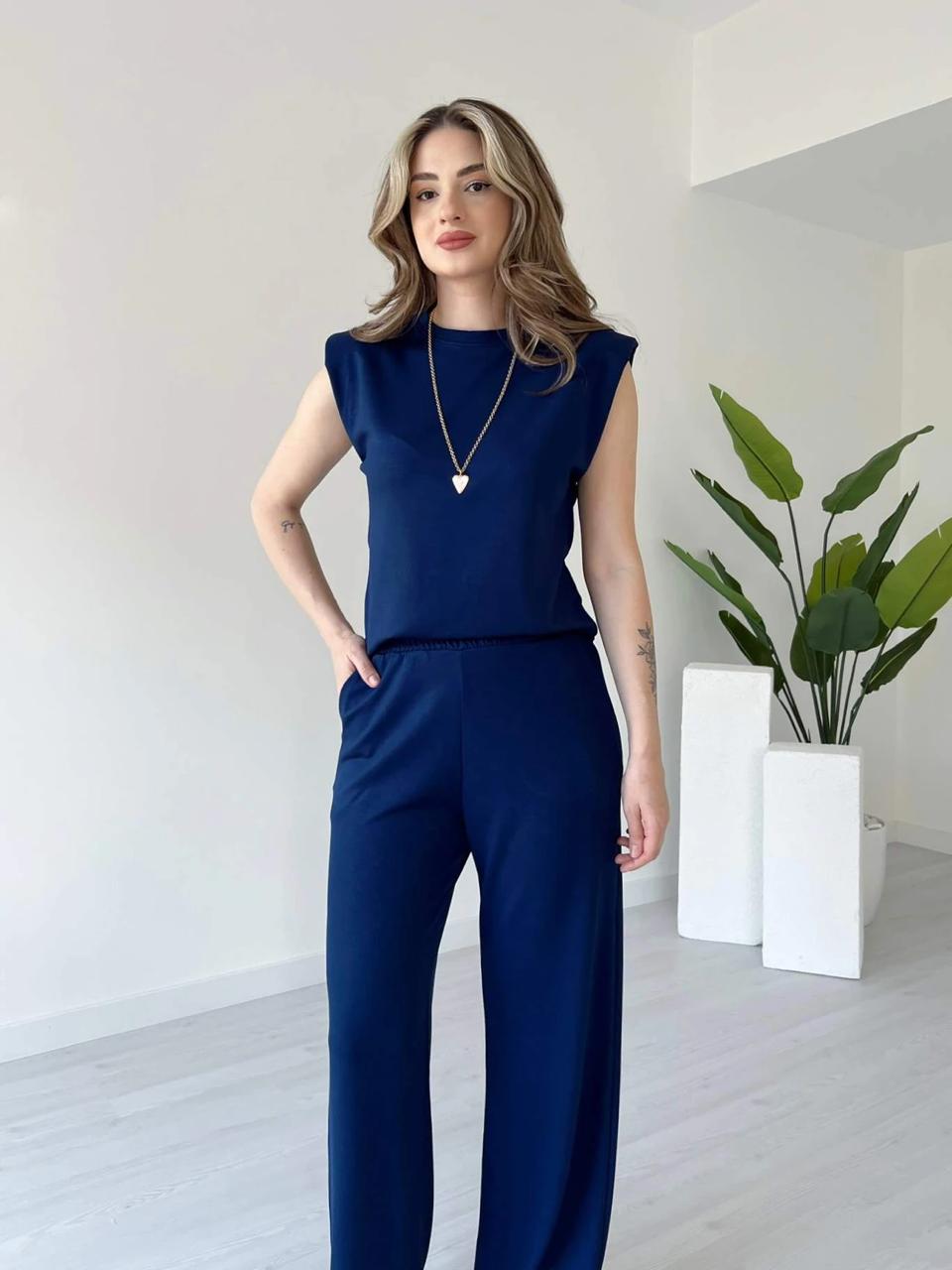 Deep blue sleeveless co-ord set with crew neck top and wide-leg trousers