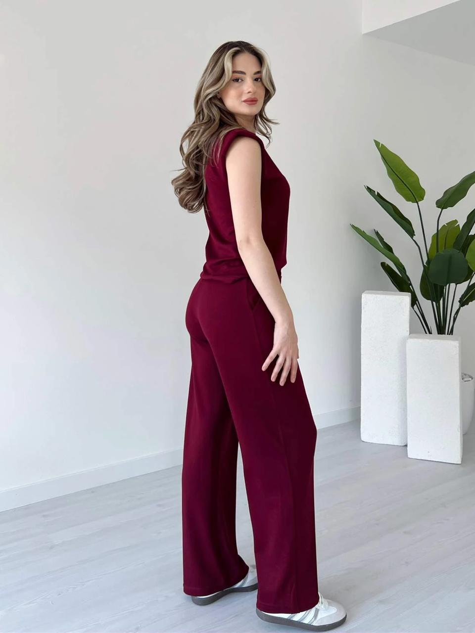 Maroon sleeveless co-ord set with V-neck top and wide-leg trousers