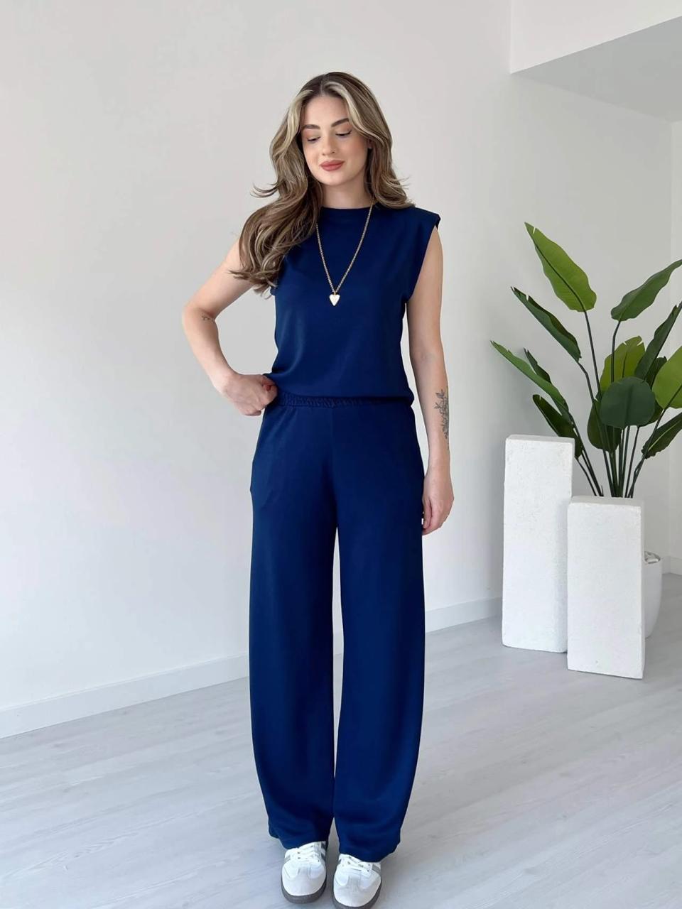 Navy sleeveless co-ord set with crew neck top and wide-leg trousers