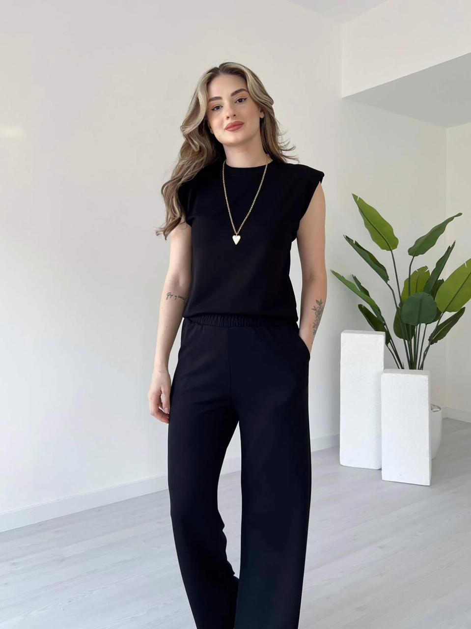 Black sleeveless co-ord set with crew neck top and wide-leg trousers