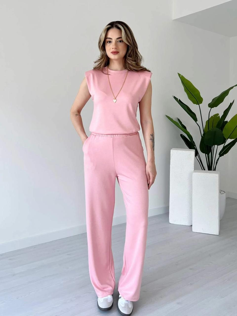 Light pink sleeveless co-ord set with V-neck top and wide-leg trousers