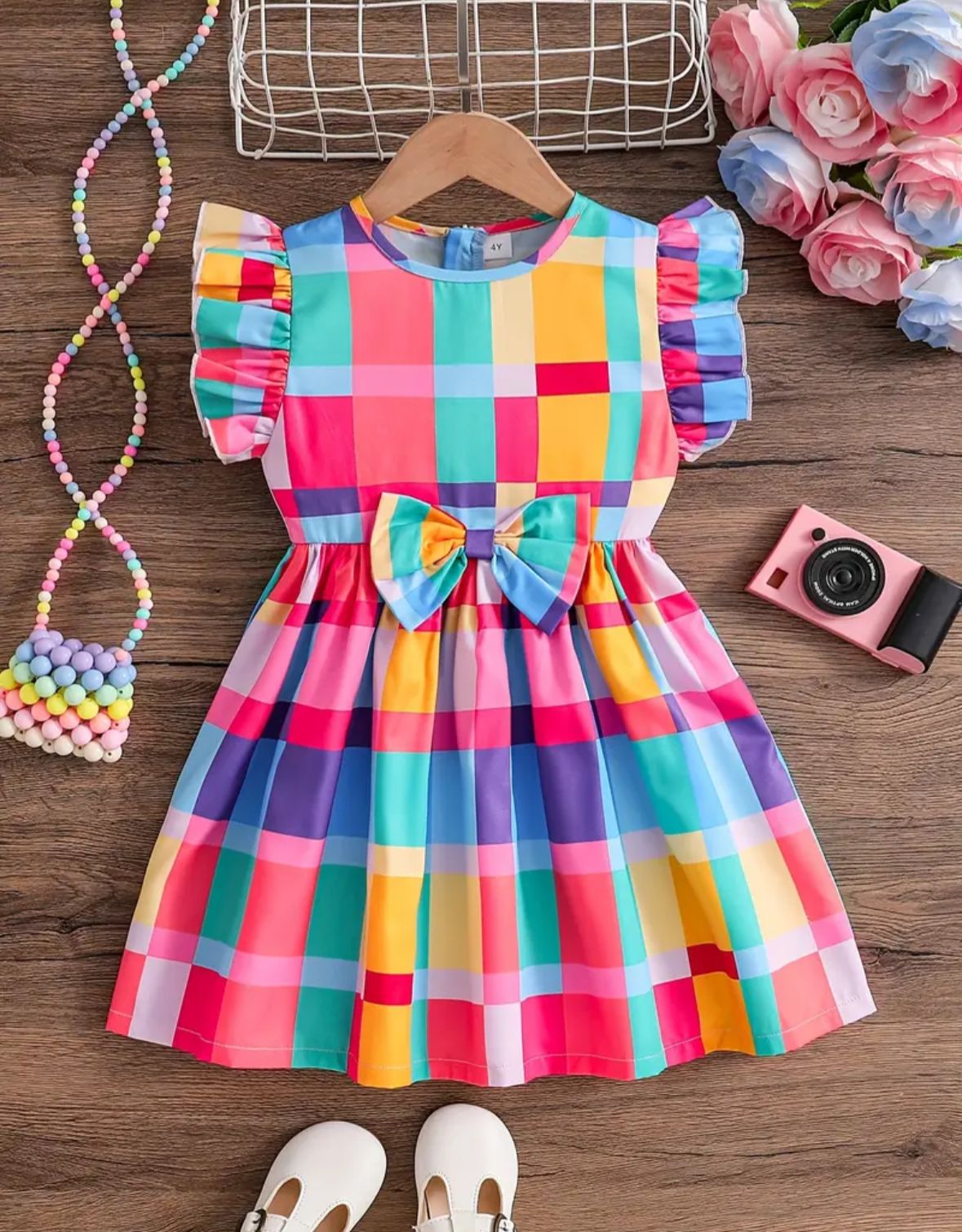Colorful plaid short-sleeve girls dress with ruffled sleeves and bow at waist