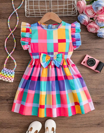 Colorful plaid short-sleeve girls dress with ruffled sleeves and bow at waist