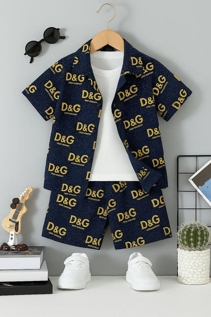 Kids short set in navy with D&G logo print, short-sleeve tunic top and shorts