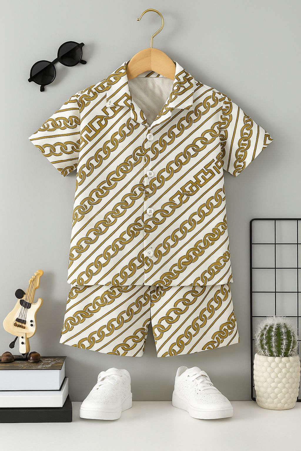 Baby boy 2-piece short set with gold chain print button-up shirt and shorts