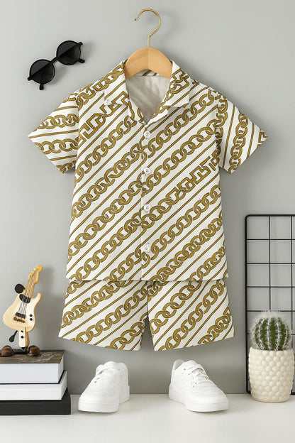 Baby boy 2-piece short set with gold chain print button-up shirt and shorts