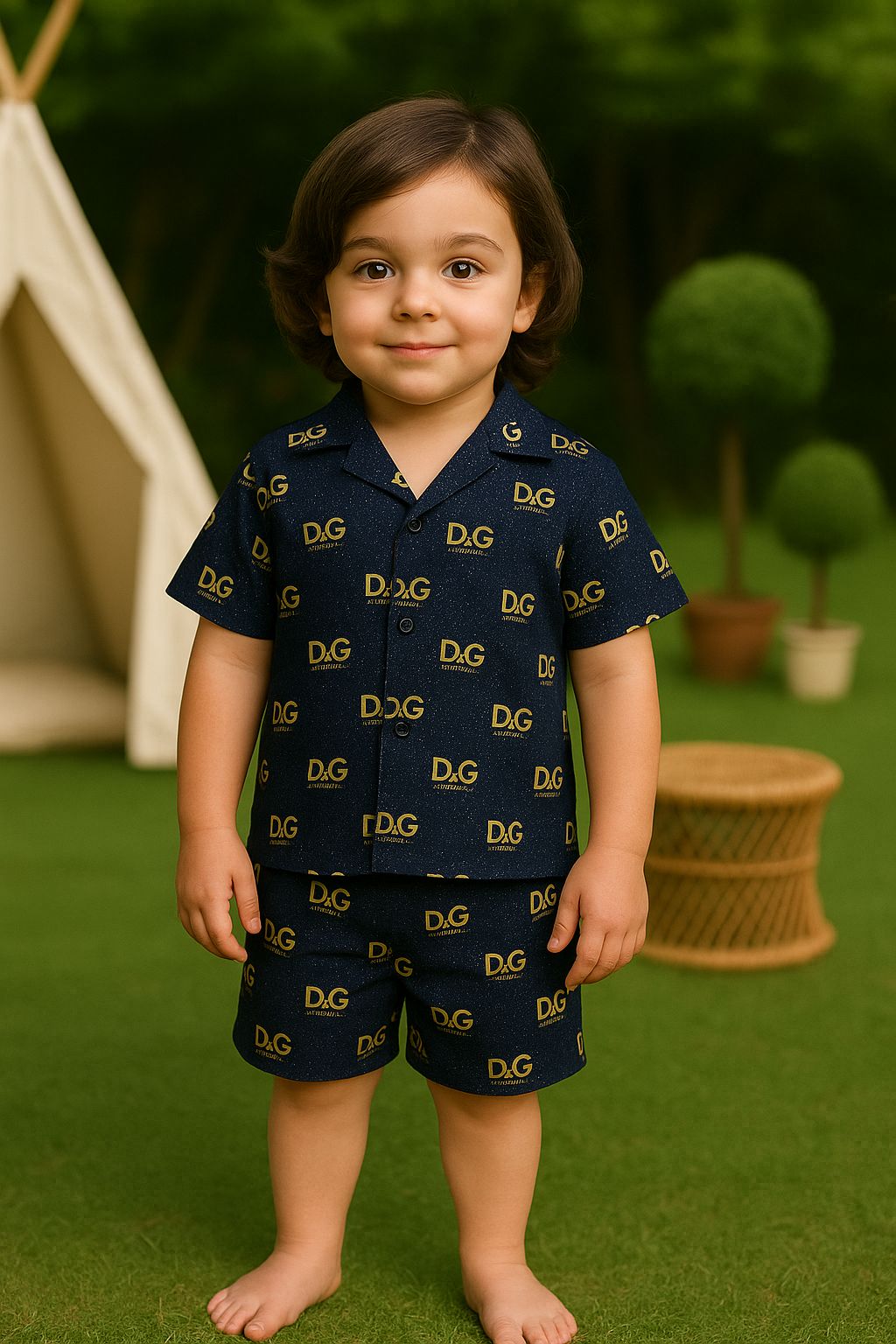 Kids short set in navy with D&G logo print, collared shirt and shorts