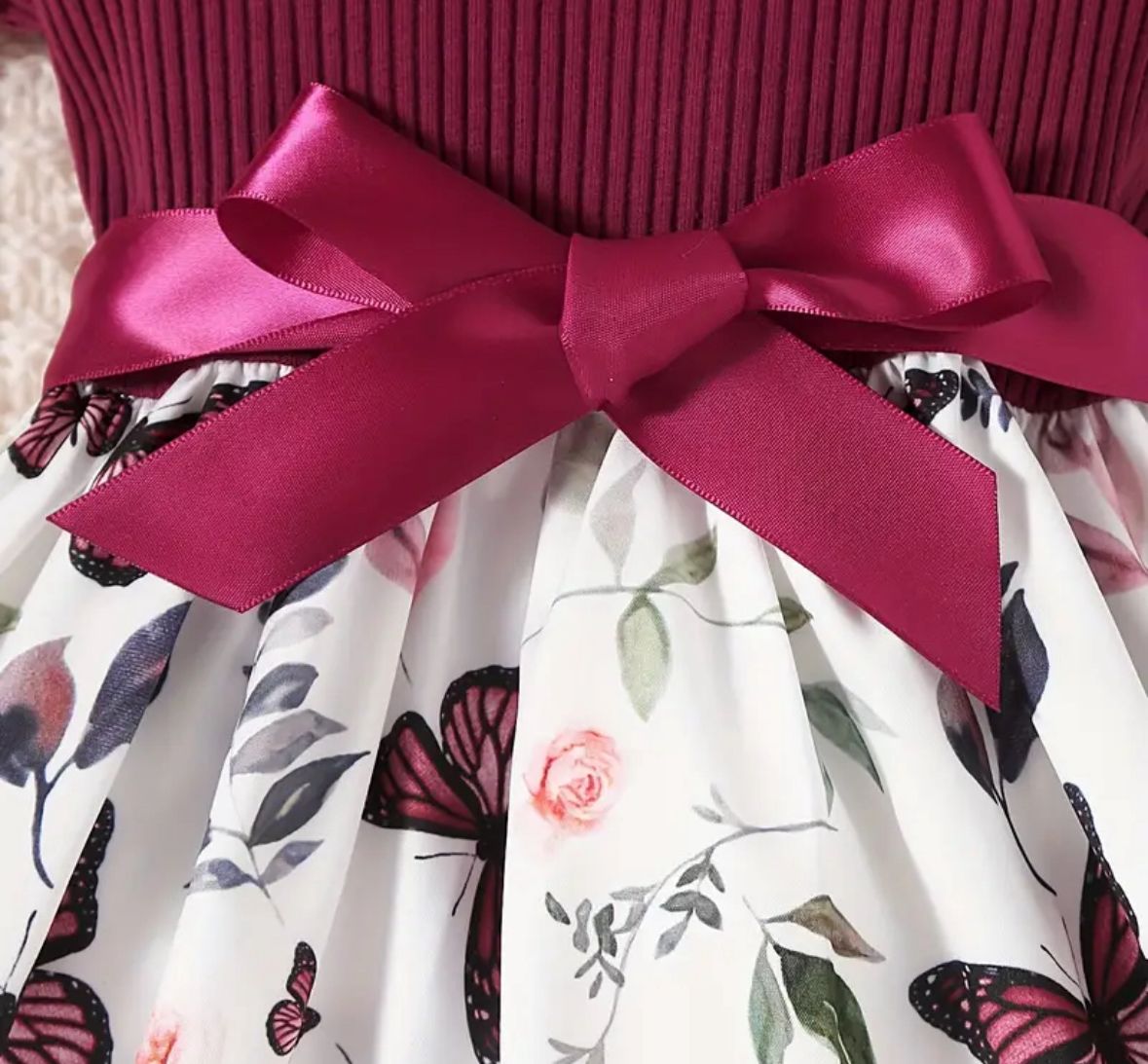 Baby sleeveless dress with berry ruffle top, butterfly print skirt, satin bow belt