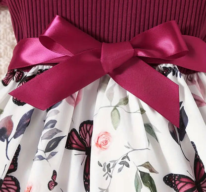 Baby sleeveless dress with berry ruffle top, butterfly print skirt, satin bow belt