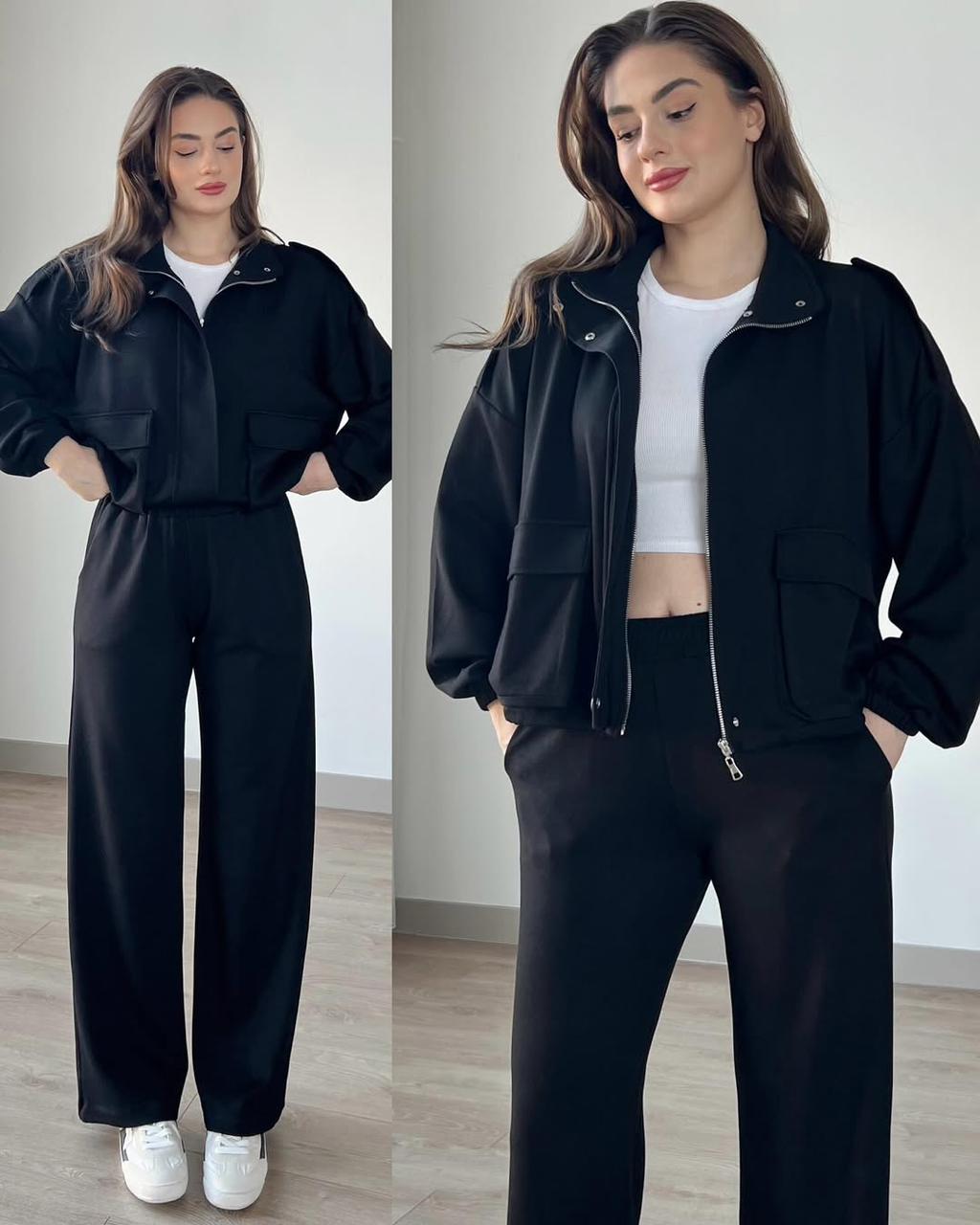 Black zip-up tracksuit jacket and jogger pants set with hoodless collar and drawstring waist