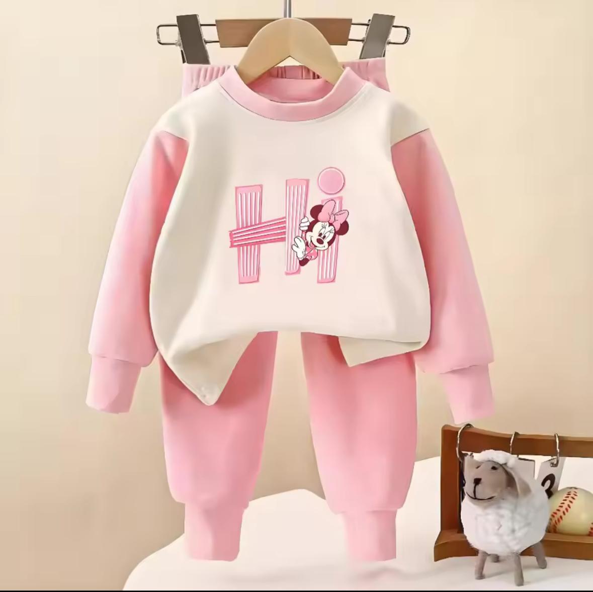 Kids pink and white tracksuit set with Mickey mouse graphic on sweatshirt