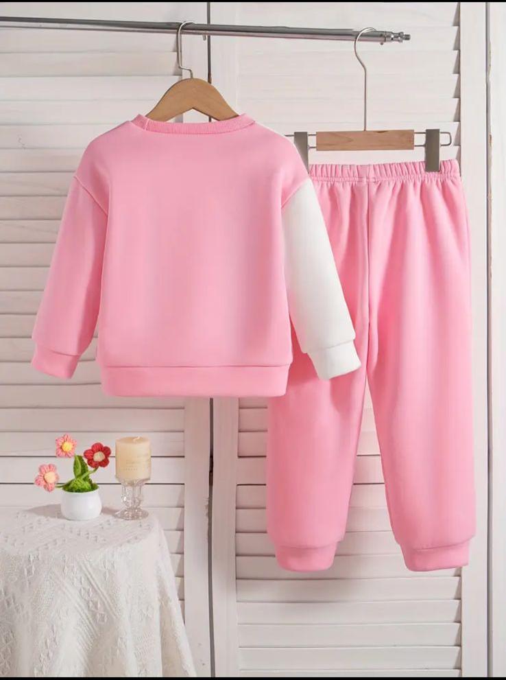Kids winter tracksuit in pink: crewneck sweatshirt and joggers, back view