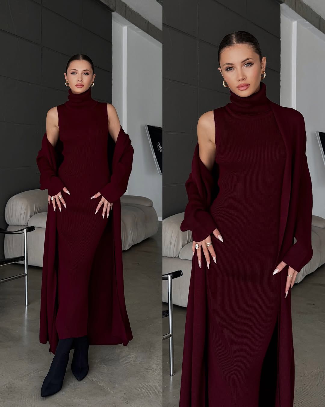 2-piece bodycon dress set, maroon sleeveless turtleneck with open long-sleeve wrap