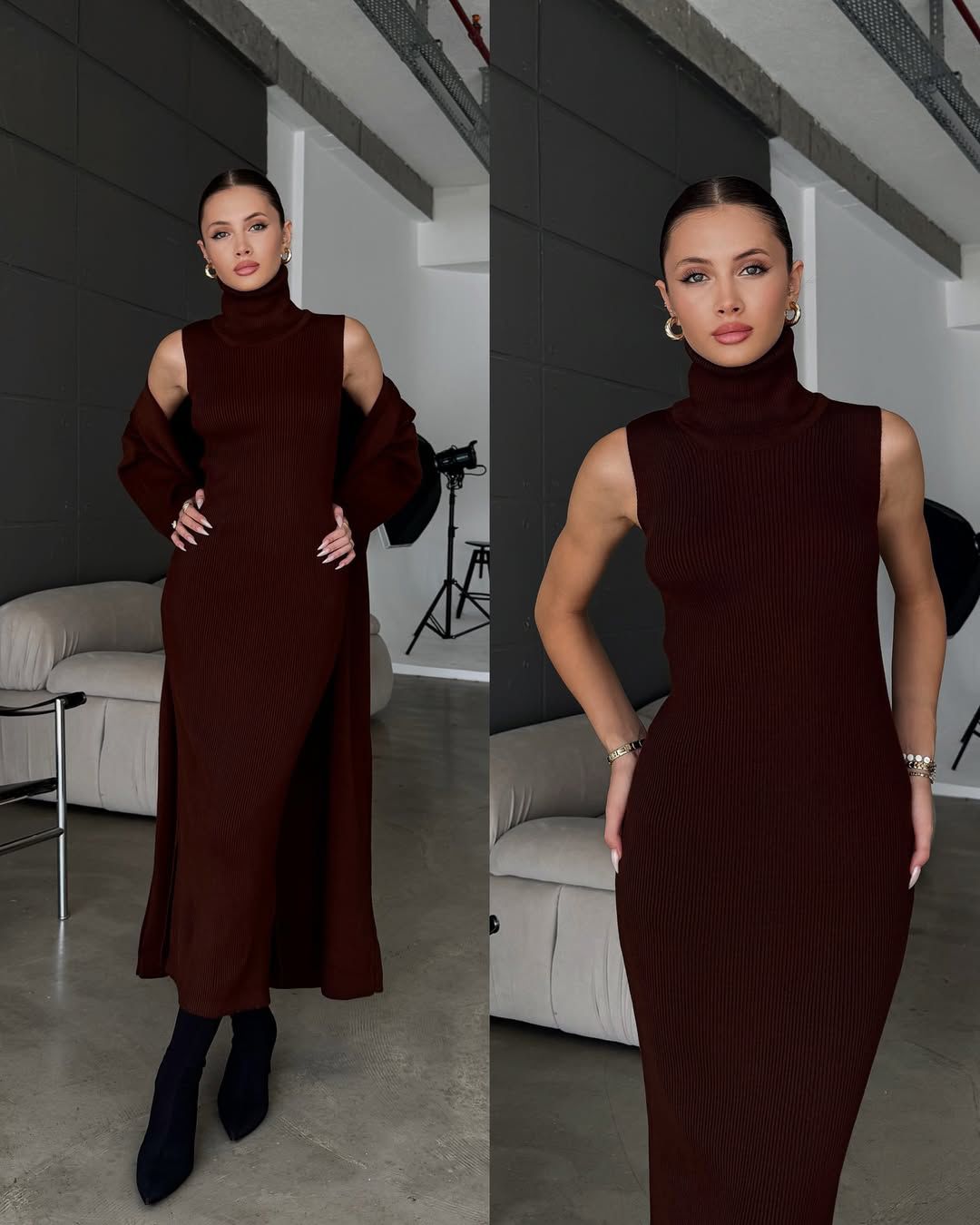 2-piece bodycon dress set, dark brown sleeveless turtleneck with open long-sleeve wrap