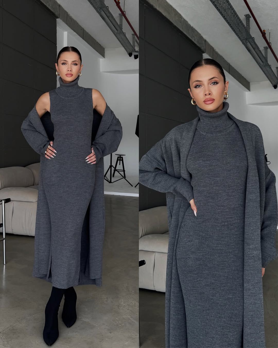 2-piece bodycon dress set, gray sleeveless turtleneck with open long-sleeve wrap