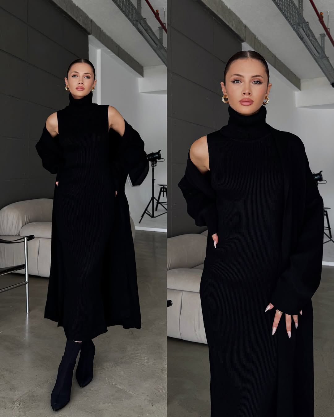 2-piece bodycon dress set, black sleeveless turtleneck with open long-sleeve wrap