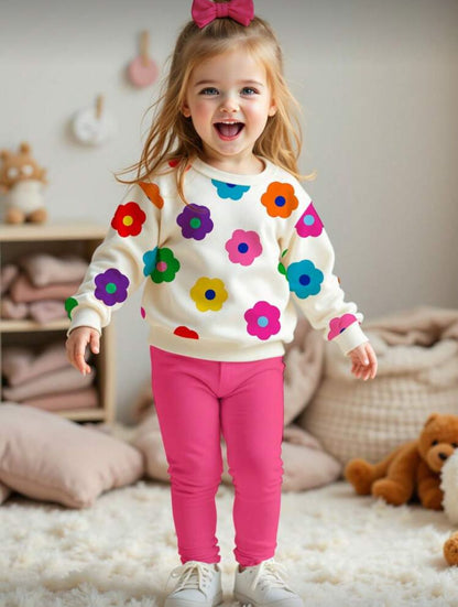 Kids' floral sweatshirt and pink trousers on model with white sneakers