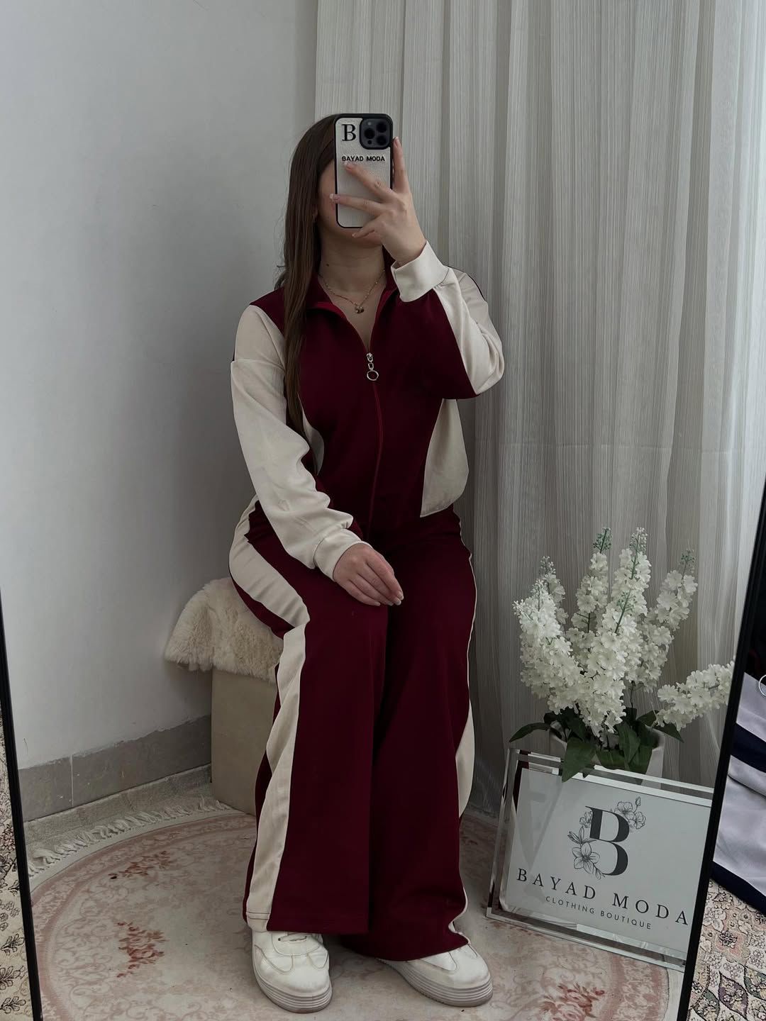 Warm panel zipper set with maroon jacket and pants, cream side stripe panels