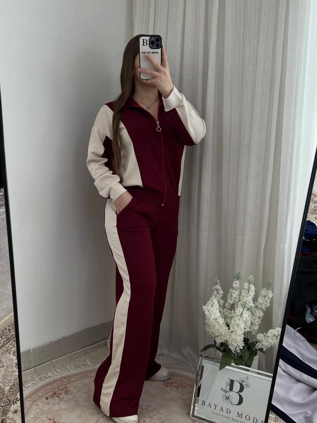 Warm panel zipper set with maroon jacket and pants, cream sleeve stripe and trim