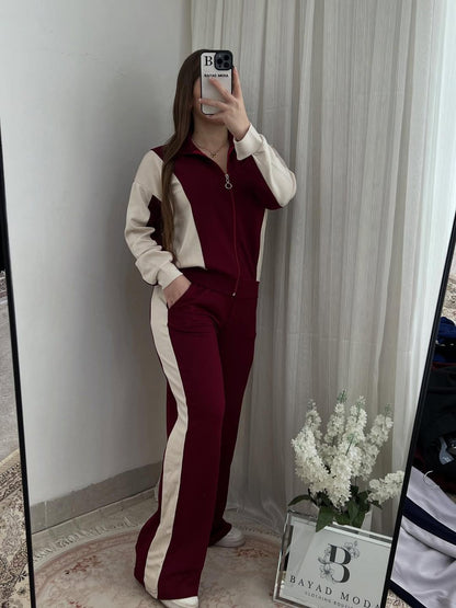 Warm panel zipper set with maroon jacket and pants, cream sleeve stripe and trim