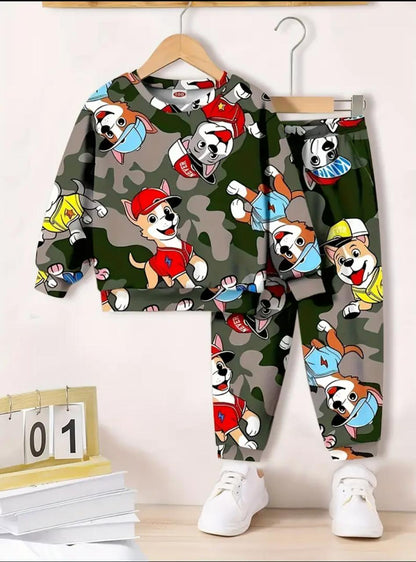 Kids camouflage pajama set with cartoon dog faces, long-sleeve top and cuffed pants