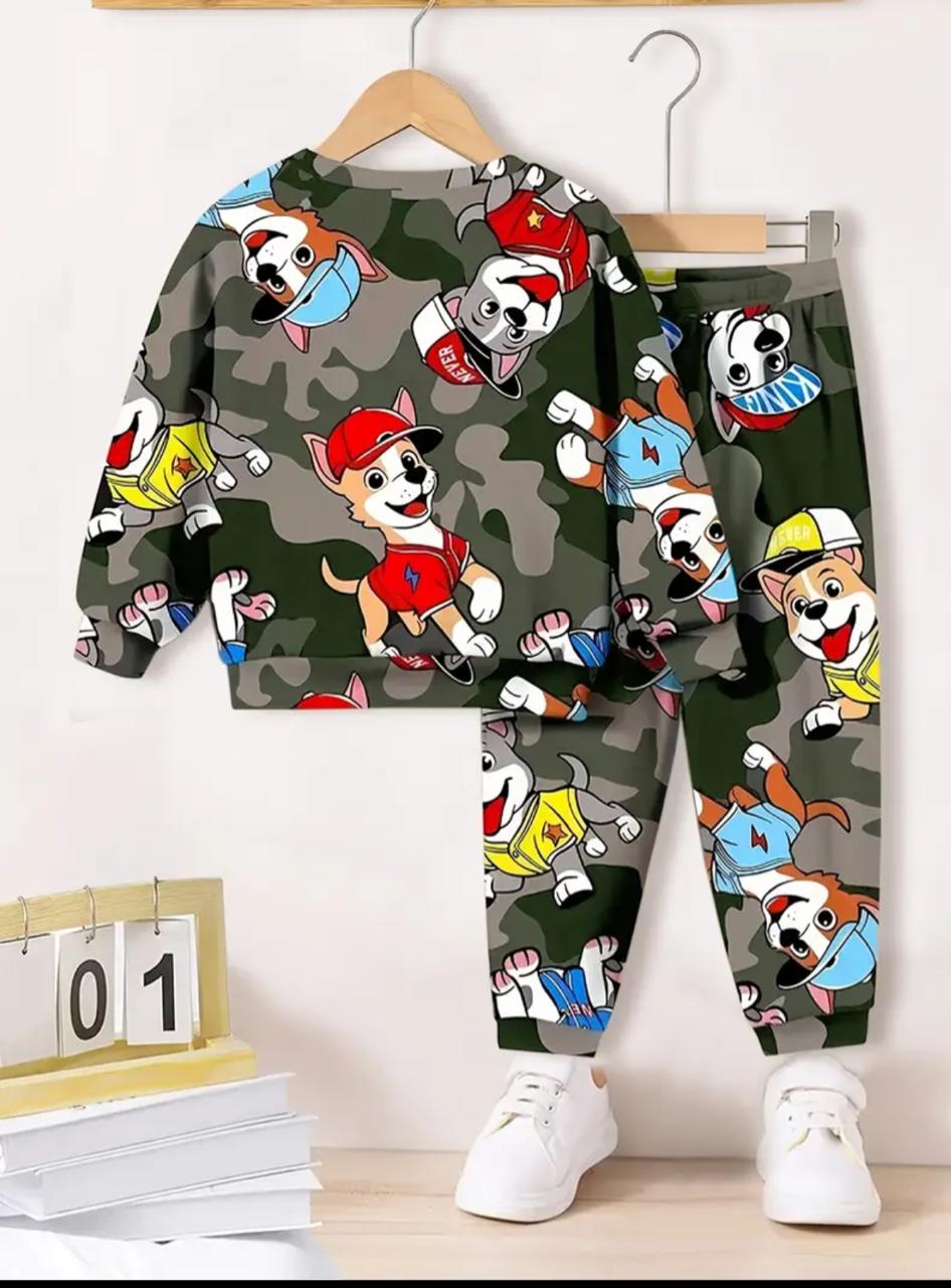 Kids camouflage pajama set with cartoon dog faces: long-sleeve top and matching pants