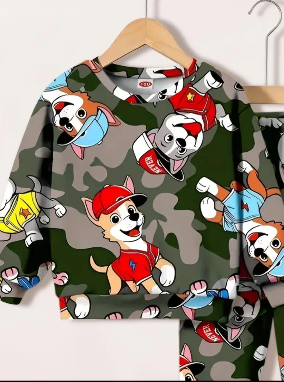 Kids camouflage pullover top with cartoon dog faces in red, blue, and white graphics