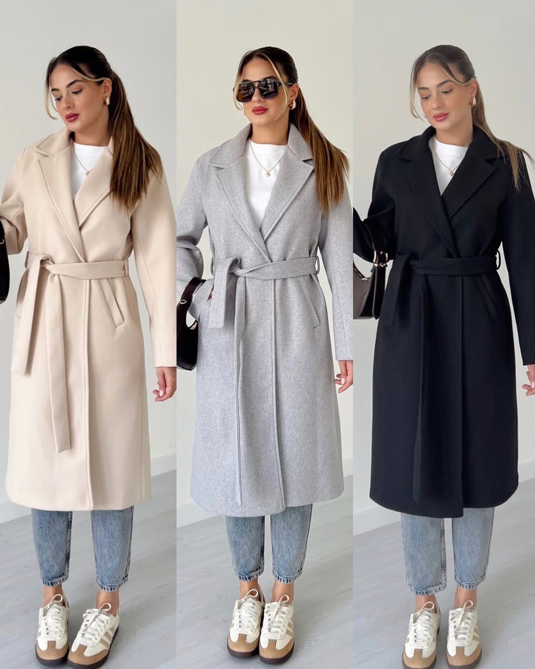 Beige belted long coat with notched lapels and tie waist
