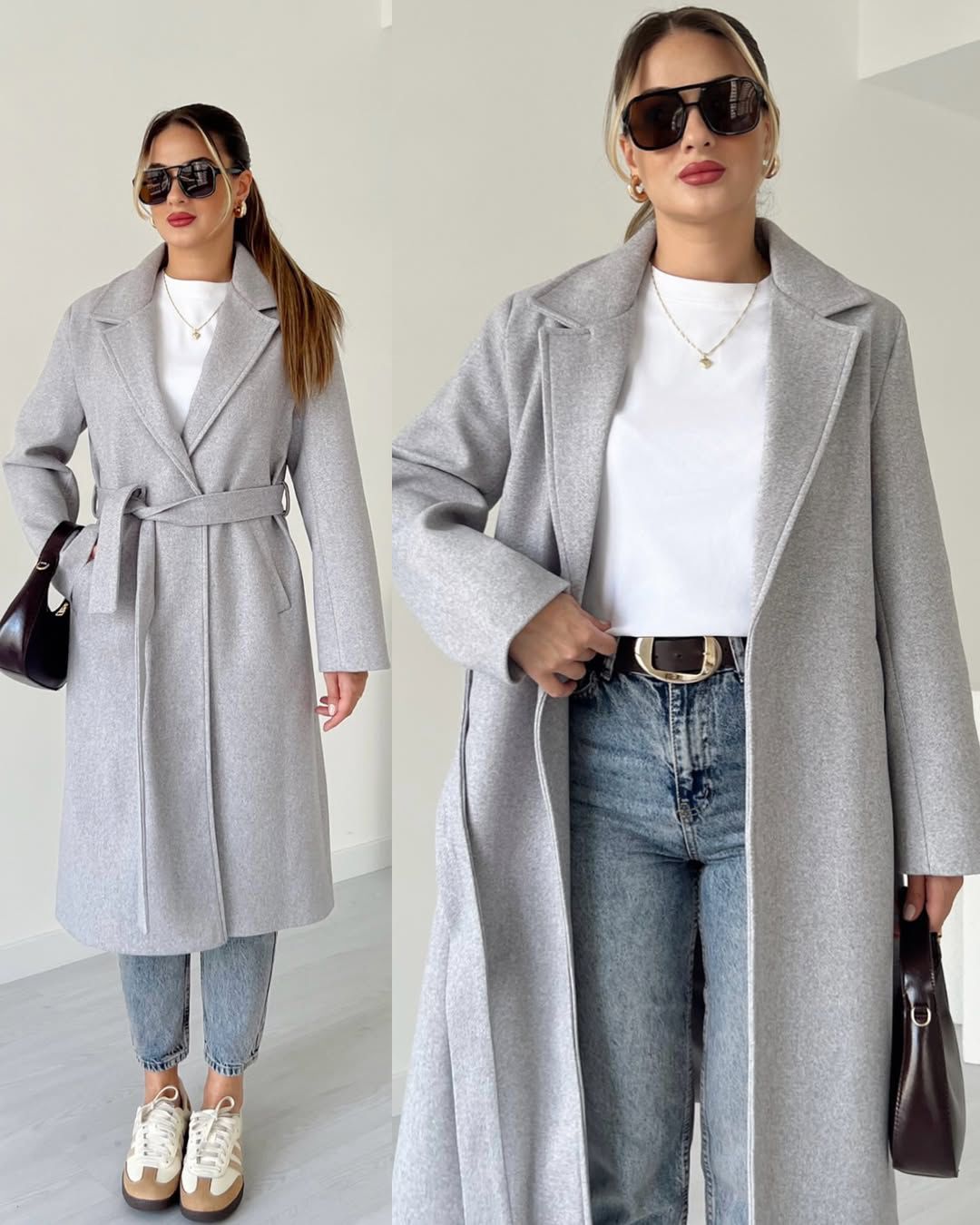 Gray belted long coat with notched lapels and tie waist