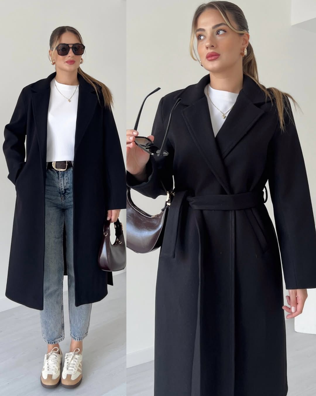 Black belted long coat with notched lapels and tie waist