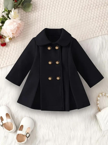 Black double-breasted coat with wide collar, gold buttons, flared sleeves