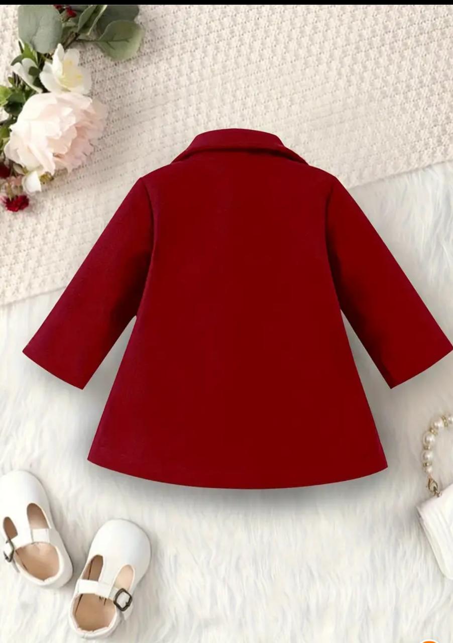 Maroon coat, mid-length with notch collar and long sleeves
