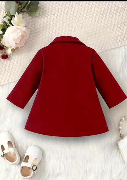 Maroon coat, mid-length with notch collar and long sleeves
