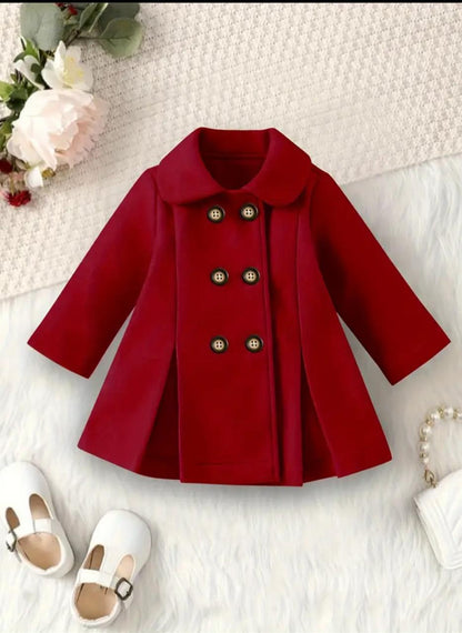 Maroon coat with stand collar and double-breasted button front