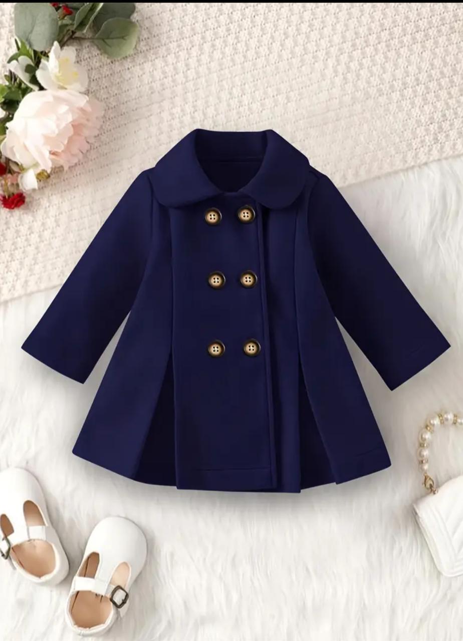 Royal navy blue coat with pointed collar and double-breasted gold buttons