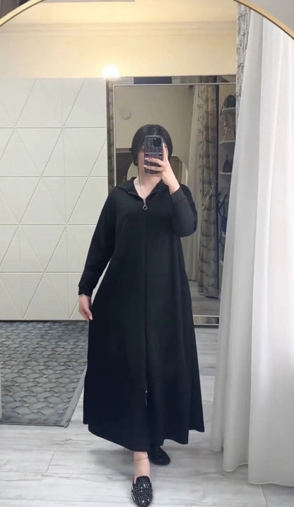 Black long zip hoodie dress with hood and front zipper, long sleeves, side pockets
