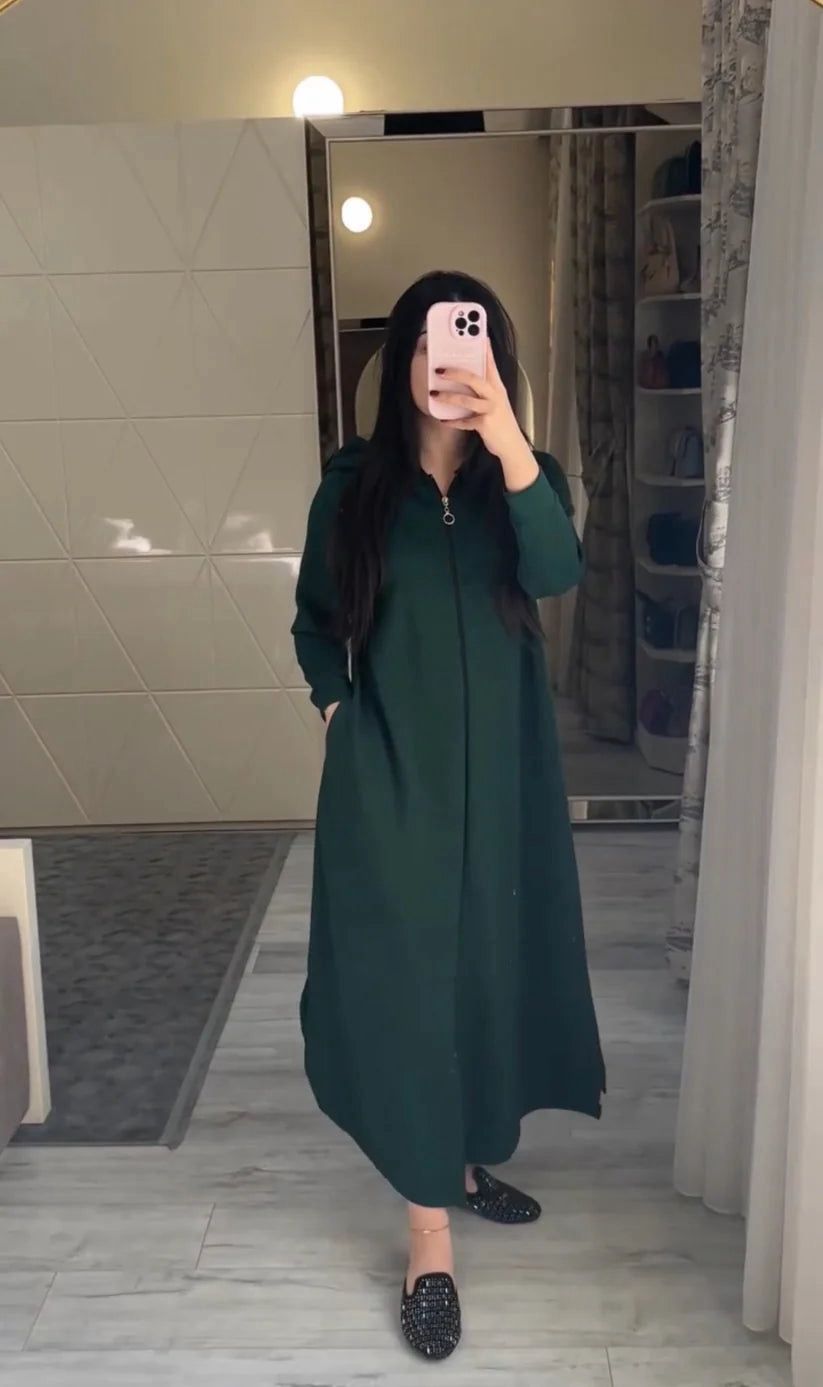 Green long zip hoodie dress with hood, front zipper, long sleeves and side pockets