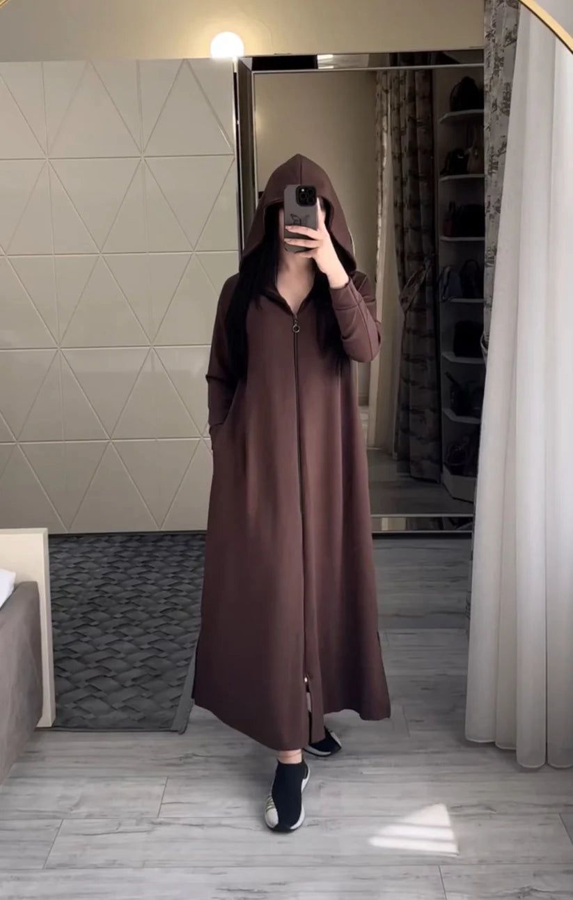 Brown long zip hoodie dress with hood and front zipper, long sleeves, side pockets