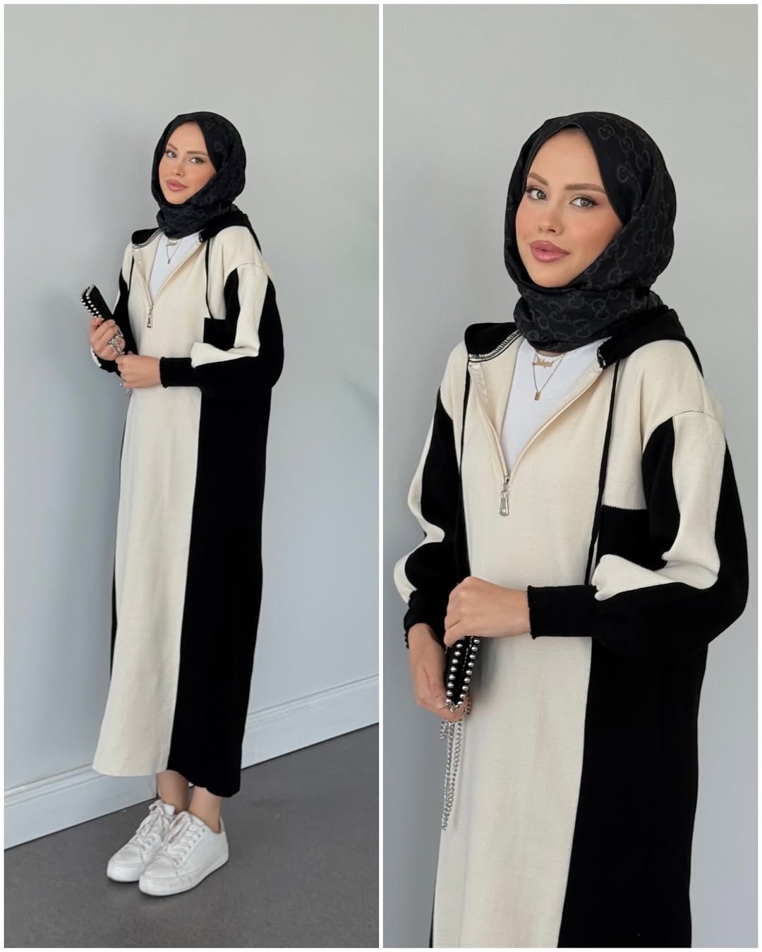 Black and off-white long zip-up hoodie top with drawstring hood and front zipper