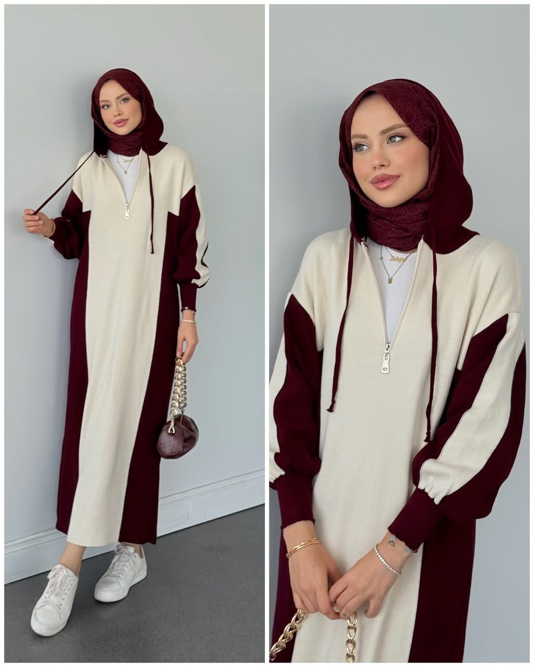 Maroon and off-white long zip-up hoodie top with color-block sleeves and drawstring hood