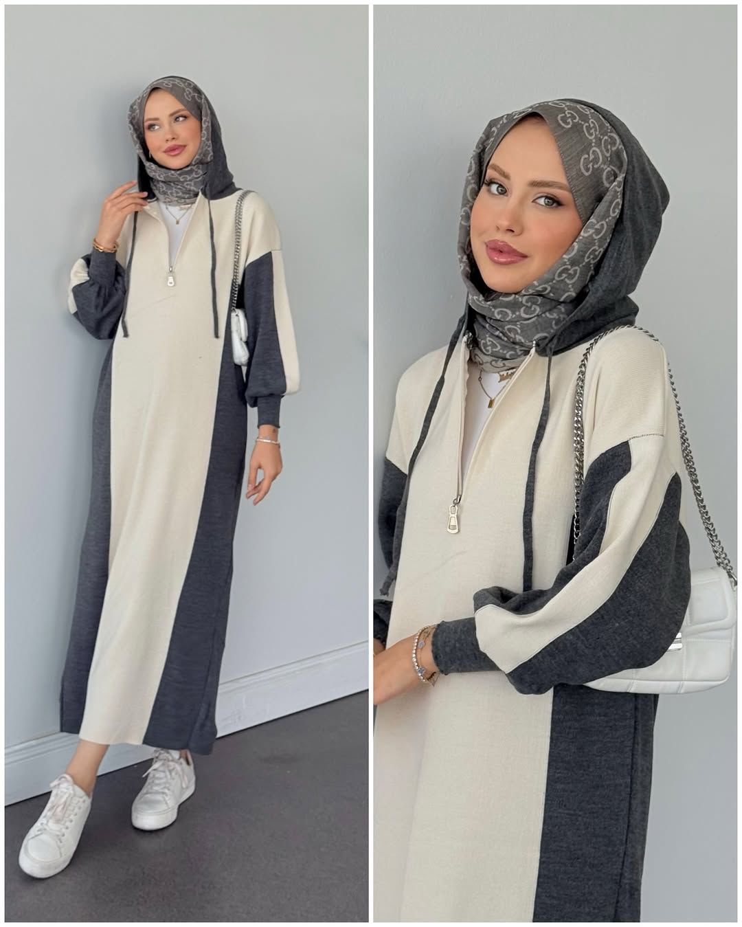 Gray and off-white long zip-up hoodie top with patterned hood and front zipper