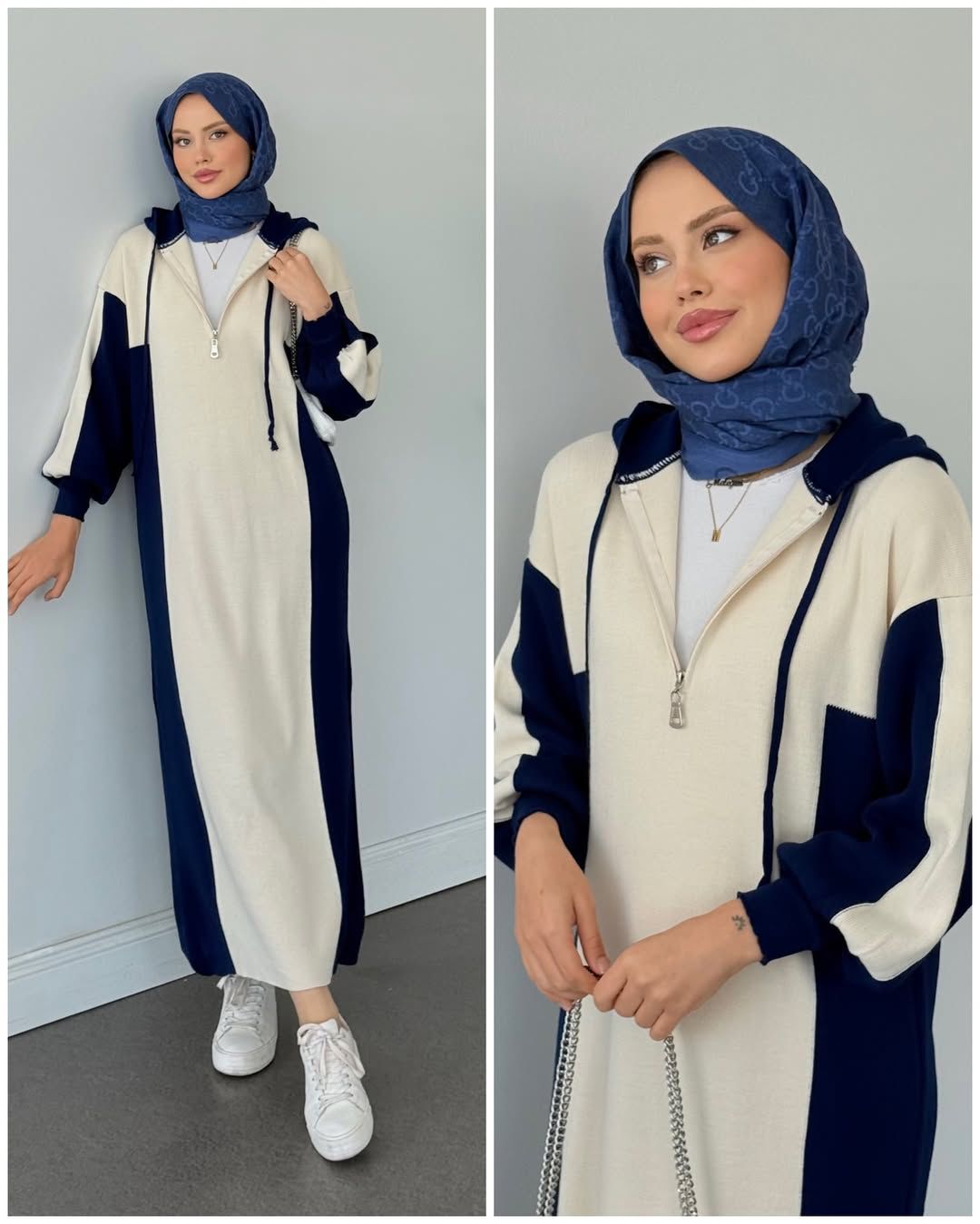 Navy and off-white long zip-up hoodie top with drawstring hood and front zipper