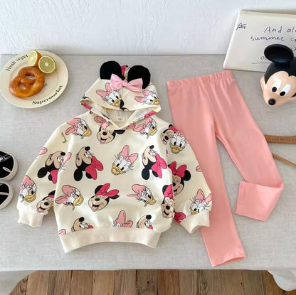 Kids pink and white cartoon tracksuit set, zip hoodie and jogger pants with bow
