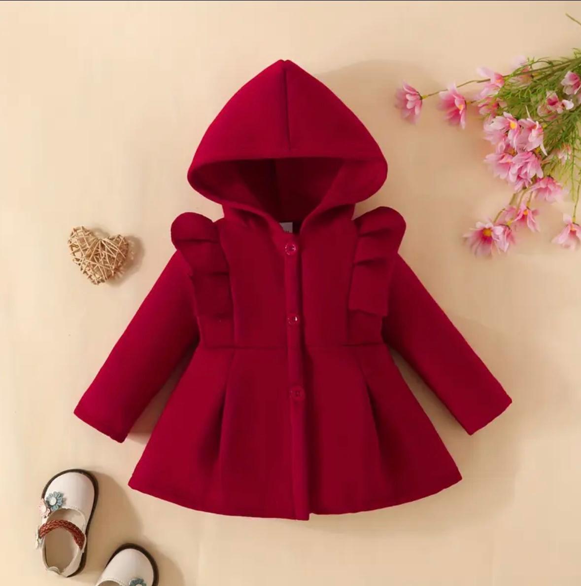 Kids maroon button hoodie with hood and ruffle-style front pockets